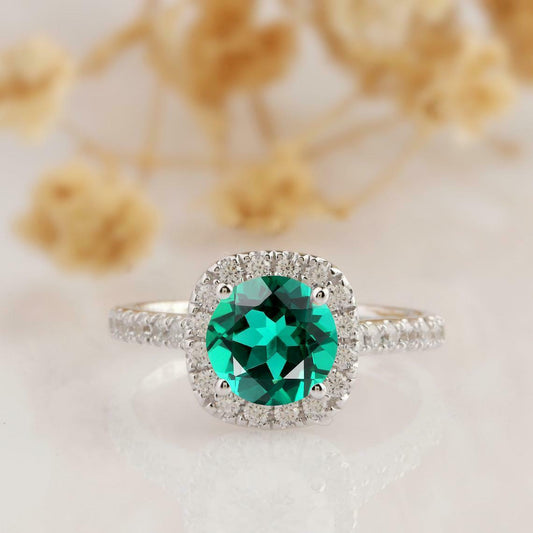 1 CT Round Cut Green Emerald Diamond Halo Wedding Ring 925 Sterling Silver