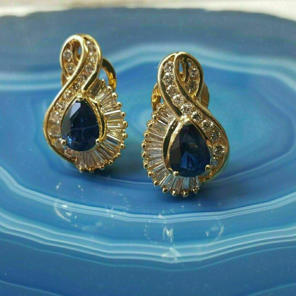 2 CT Pear Cut Blue Sapphire Hoop Earrings 925 Sterling Sliver Omega back