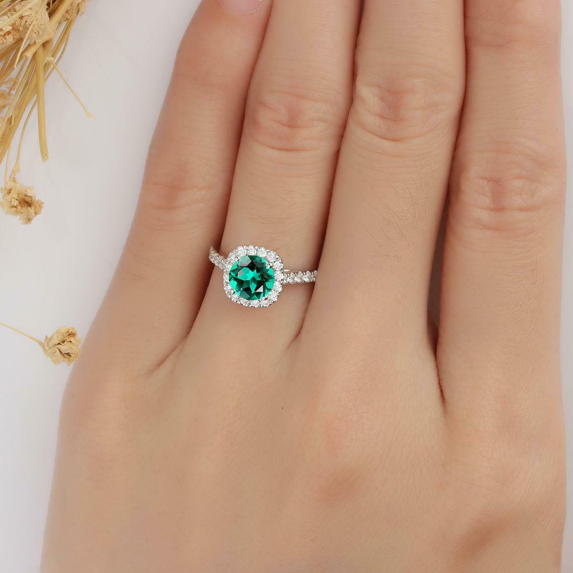 1 CT Round Cut Green Emerald Diamond Halo Wedding Ring 925 Sterling Silver