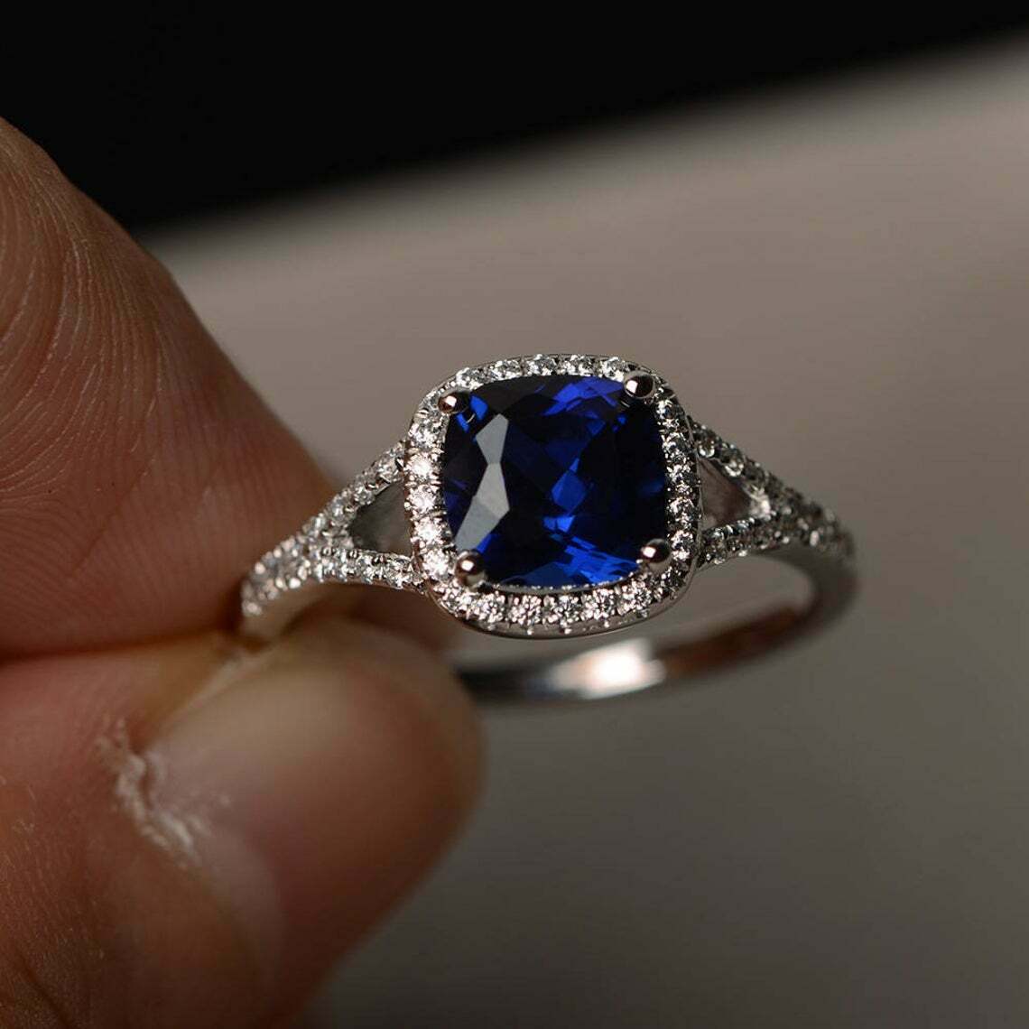 1 CT Cushion Cut Blue Sapphire Halo Engagement Ring In 925 Sterling Silver