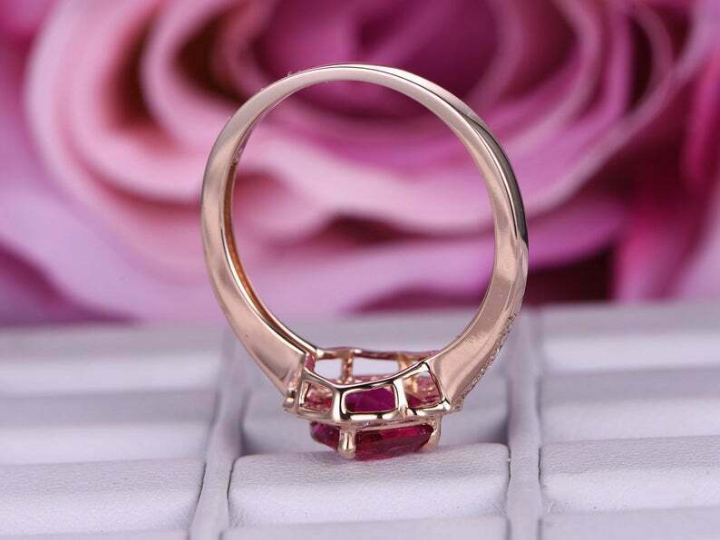 2 CT Cushion Cut Red Ruby & Halo Diamond Engagement Ring 925 Sterling Silver