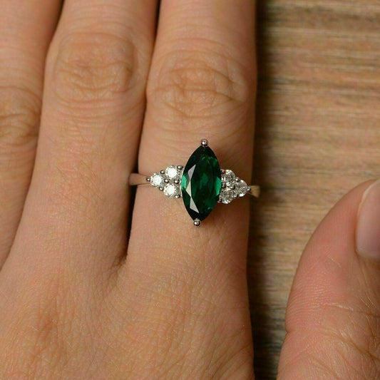 2 CT Marquis Cut Green Emerald Diamond Engagement Ring 925 Sterling Sliver