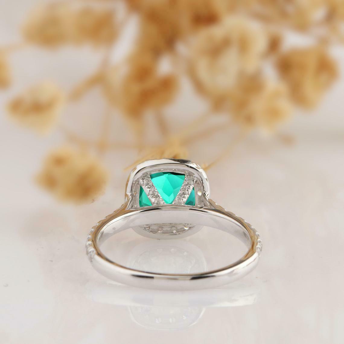 1 CT Round Cut Green Emerald Diamond Halo Wedding Ring 925 Sterling Silver