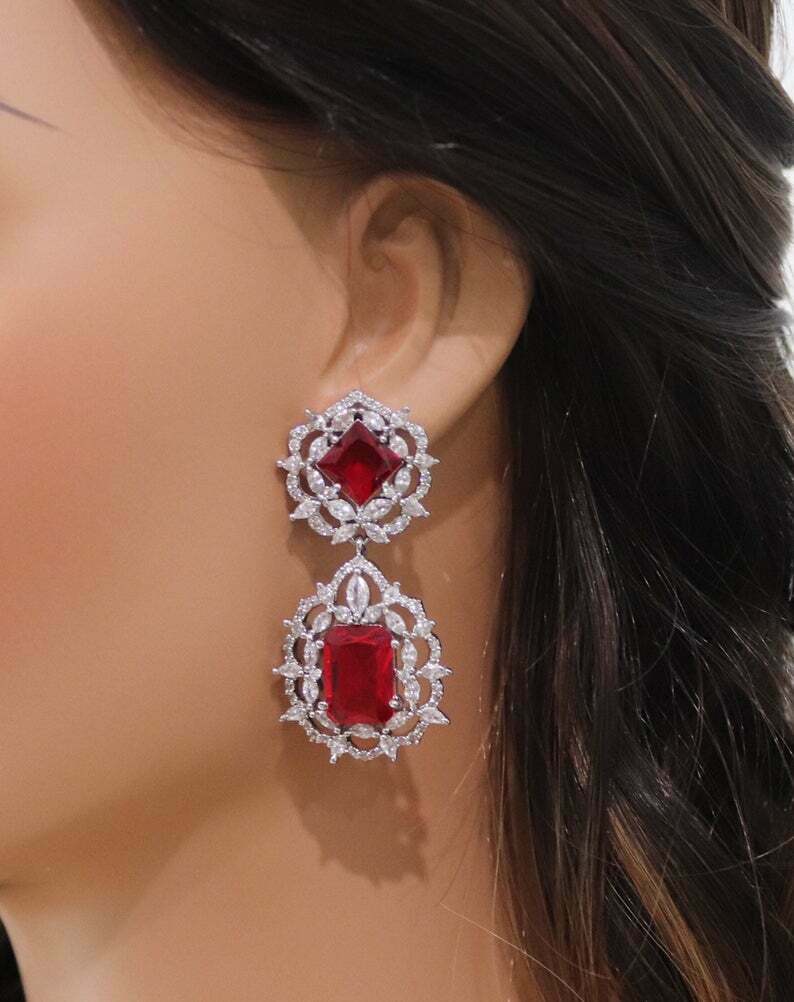5 CT Emerald Cut Red Ruby Push Back Drop / Dangal Earrings 925 Sterling Silver