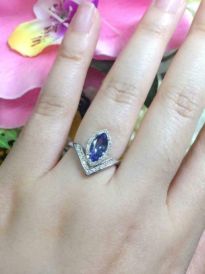 2 CT Marquise Cut Blue Tanzanite Diamond Halo Ring 925 Sterling Silver