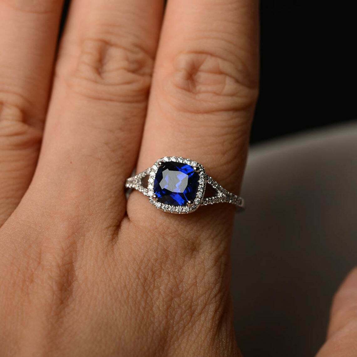 1 CT Cushion Cut Blue Sapphire Halo Engagement Ring In 925 Sterling Silver