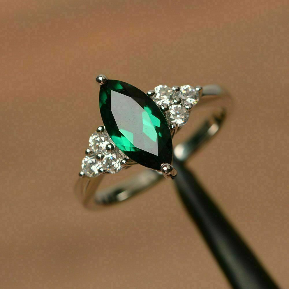 2 CT Marquis Cut Green Emerald Diamond Engagement Ring 925 Sterling Sliver