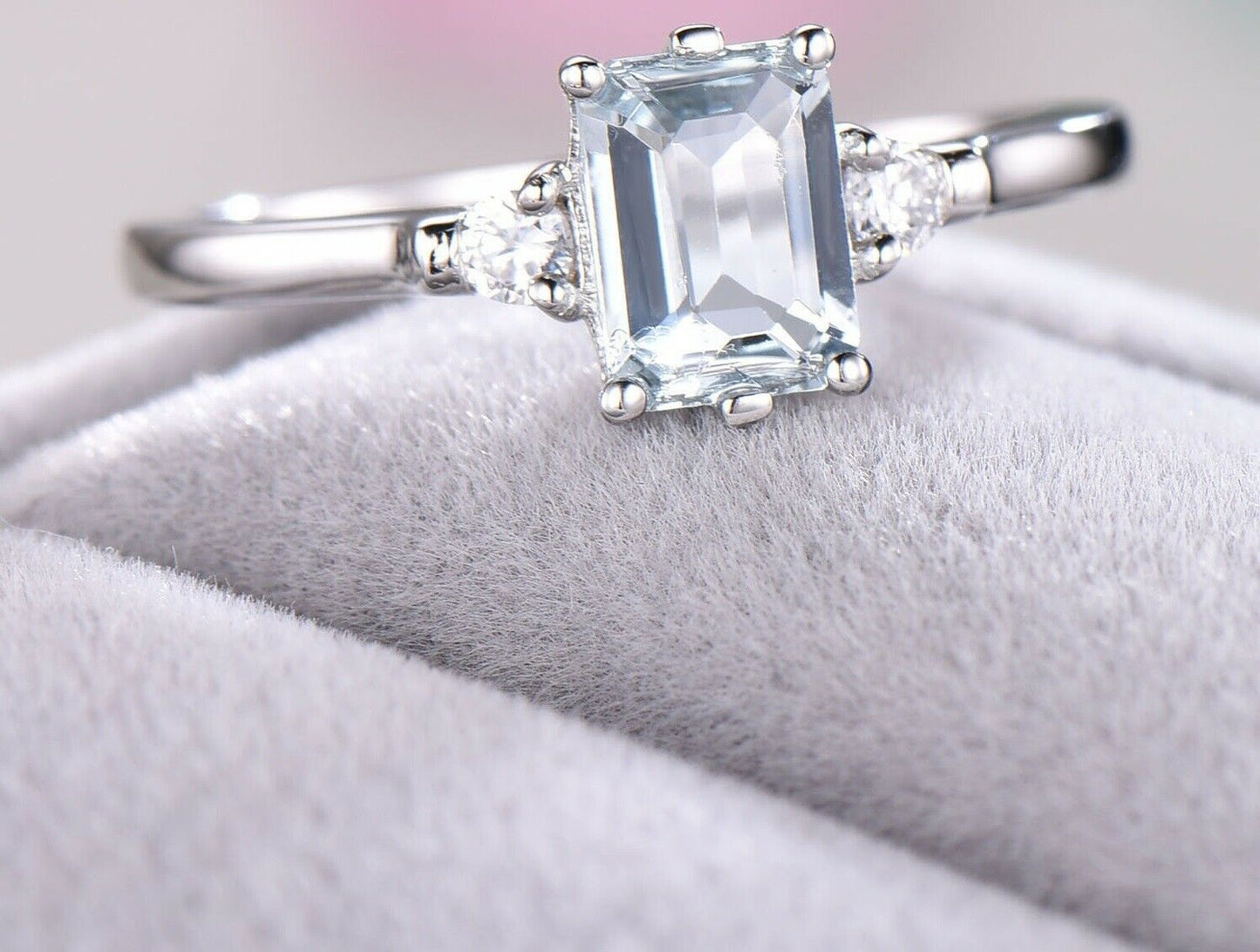 3 CT Emerald Cut Blue Aquamarine 925 Sterling Silver Three Stone Ring
