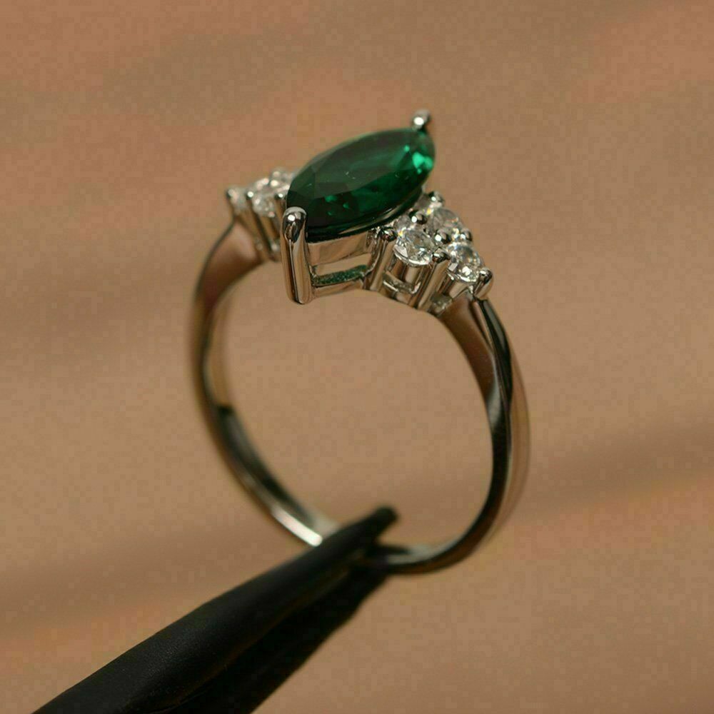 2 CT Marquis Cut Green Emerald Diamond Engagement Ring 925 Sterling Sliver