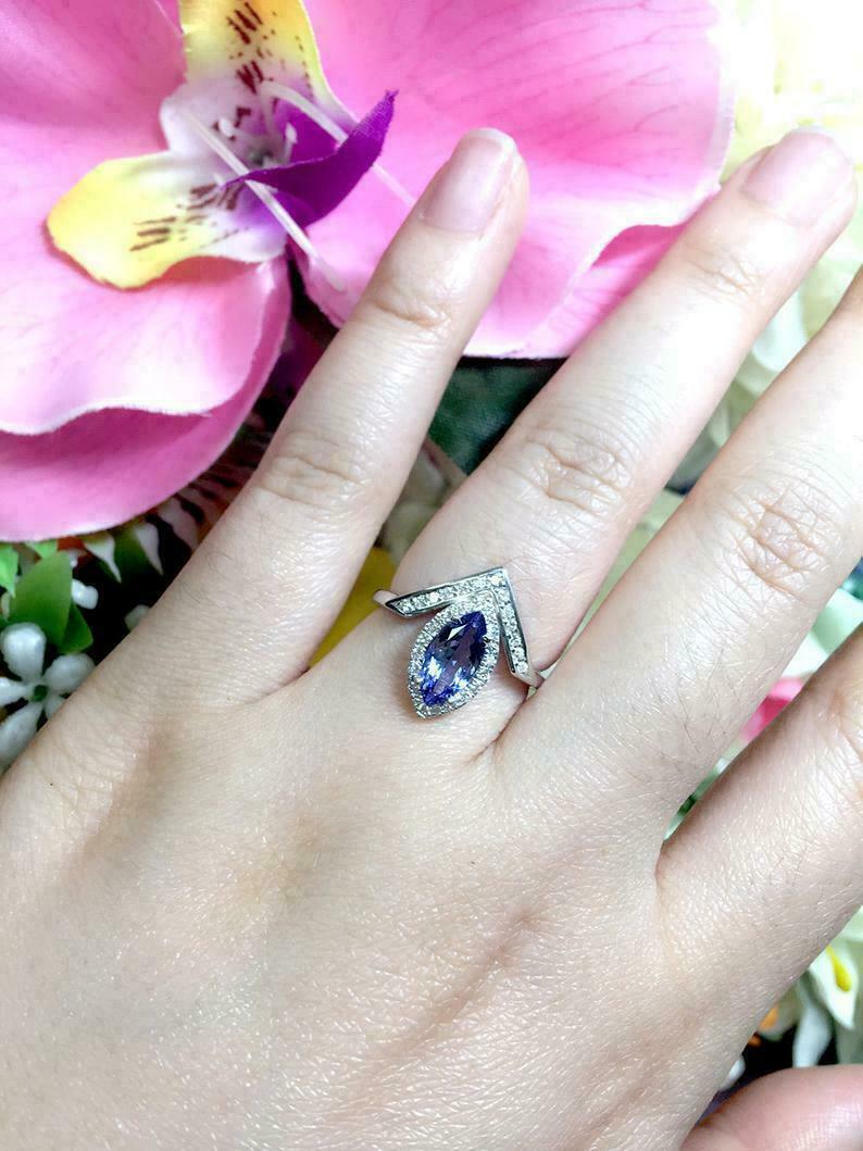 2 CT Marquise Cut Blue Tanzanite Diamond Halo Ring 925 Sterling Silver