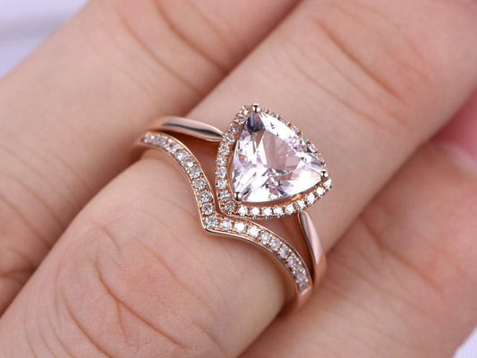 1.5 CT Pink Morganite Trillion Cut Diamond Bridal Ring Set 925 Sterling Silver