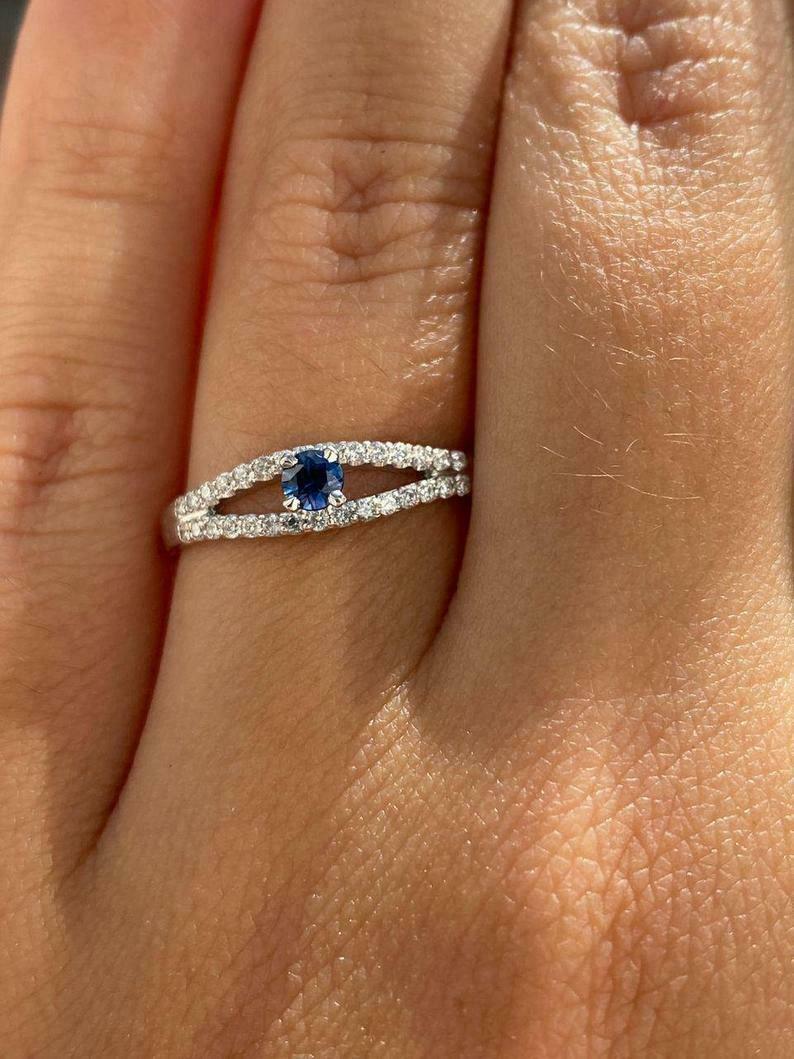 1.50 CT Round Cut Blue Sapphire Ankh Eyes Band Wedding Ring 925 Sterling Silver