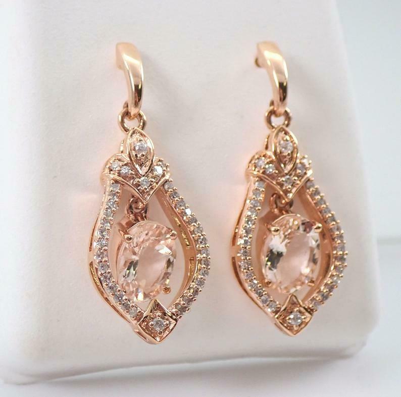 14K Rose Gold Over On 925 Sterling Silver 3 CT Oval Cut Peach Morganite Diamond Drop Woman's Earrings