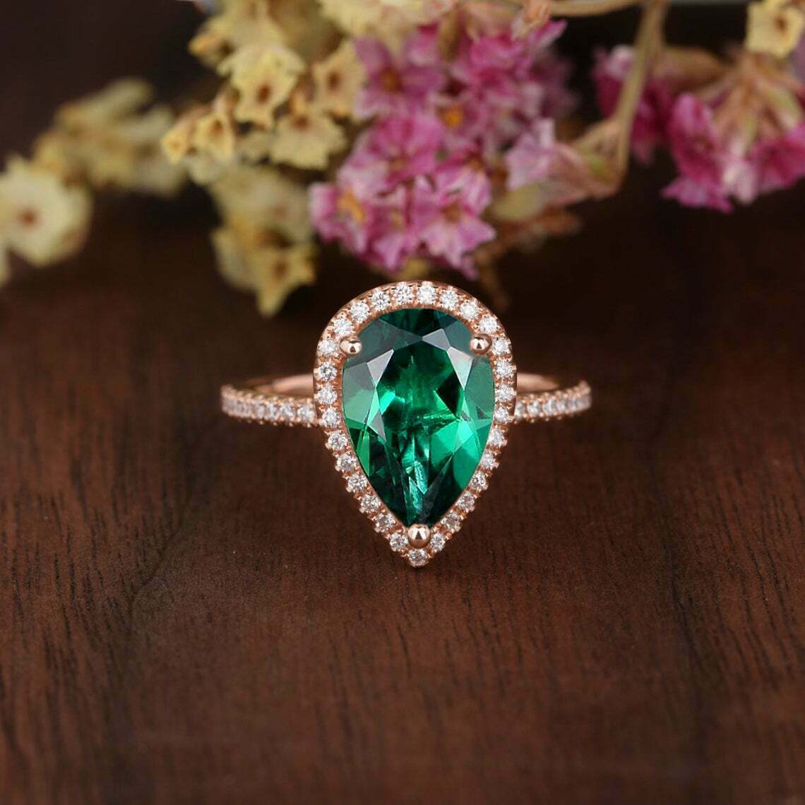 2 CT Pear Cut Green Emerald Diamond 925 Sterling Silver Halo Engagement Ring