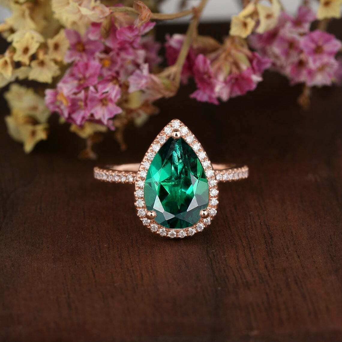 2 CT Pear Cut Green Emerald Diamond 925 Sterling Silver Halo Engagement Ring