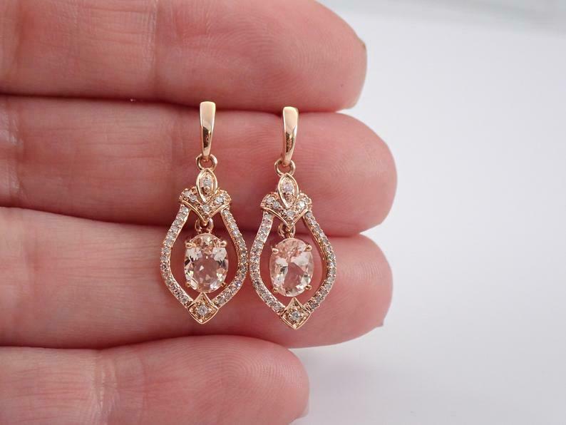 14K Rose Gold Over On 925 Sterling Silver 3 CT Oval Cut Peach Morganite Diamond Drop Woman's Earrings