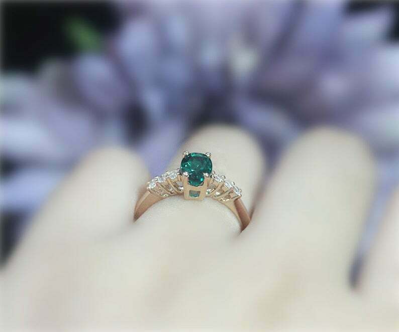 925 Sterling Silver 1.20 Ct Oval Cut Emerald & Diamond Wedding Engagement Ring