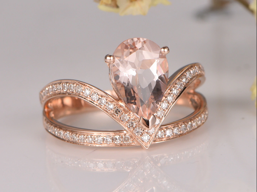 2 CT Pear Cut Morganite Diamond Solitaire Engagement Ring 925 Sterling Silver