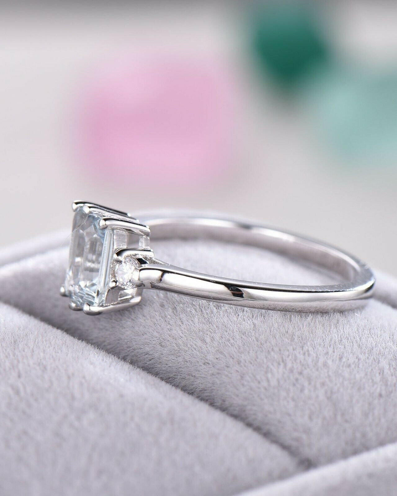 3 CT Emerald Cut Blue Aquamarine 925 Sterling Silver Three Stone Ring