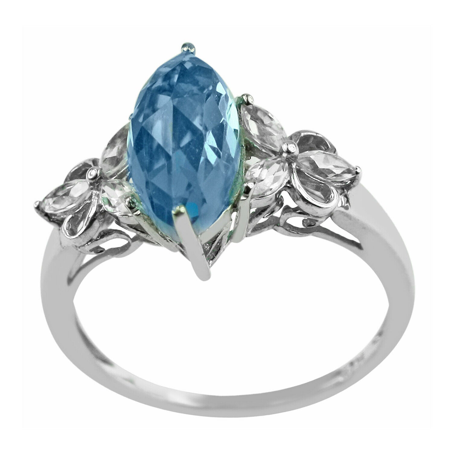 2 CT Marquise Cut Blue Topaz Diamond White Gold Over On 925 Sterling Silver Solitaire With Accents Ring - atjewels.in