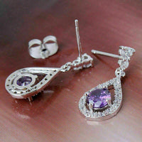 3 CT Round Cut Purple Amethyst Flower Drop/Dangle Earrings 925 Sterling Silver