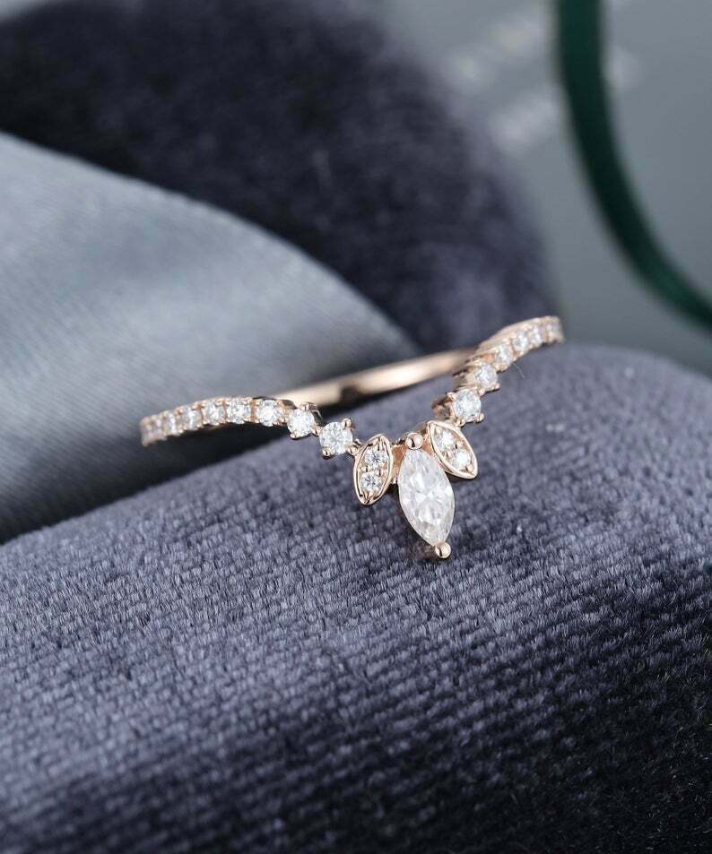 0.50 CT Marquise Cut Diamond Curved Wedding Band Ring 925 Sterling Silver
