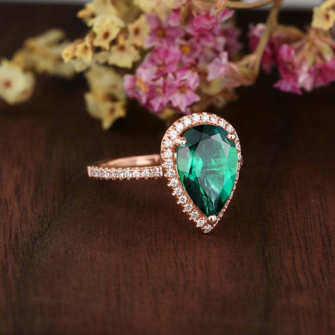 2 CT Pear Cut Green Emerald Diamond 925 Sterling Silver Halo Engagement Ring