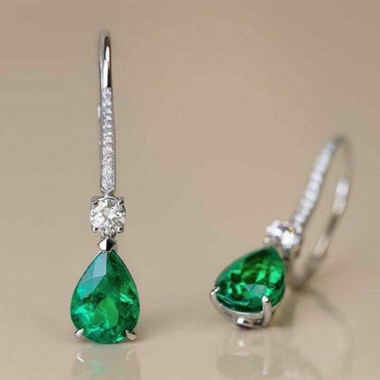 925 Sterling Silver 3 CT Pear Cut Green Emerald Diamond Drop/Dangal Earrings