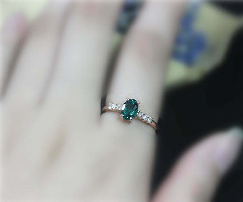 925 Sterling Silver 1.20 Ct Oval Cut Emerald & Diamond Wedding Engagement Ring