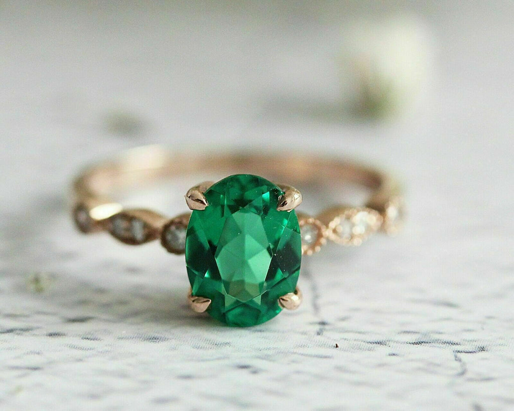 1 CT Oval Cut Green Emerald  925 Sterling Sliver Vintage Wedding Women Ring