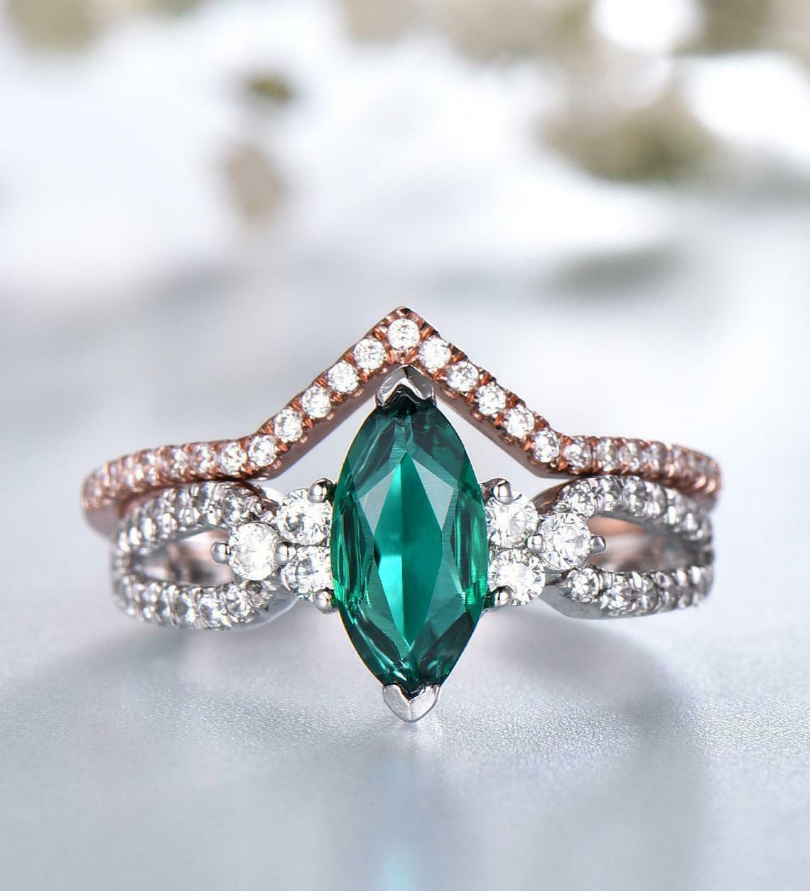 3 CT Marquise Cut Green Emerald Bridal Set Engagement Ring Tow tone On 925 Sterling Silver