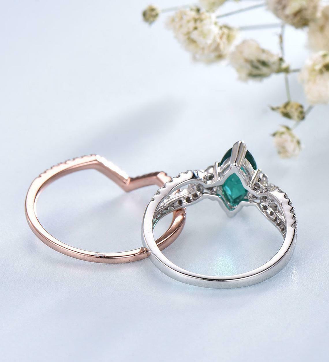 3 CT Marquise Cut Green Emerald Bridal Set Engagement Ring Tow tone On 925 Sterling Silver