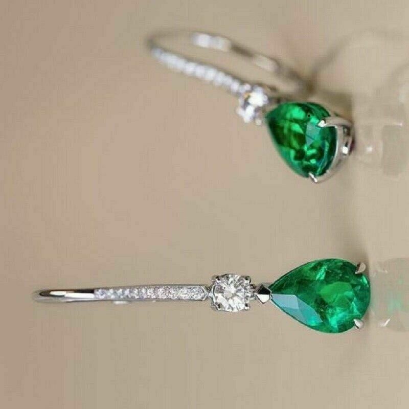 925 Sterling Silver 3 CT Pear Cut Green Emerald Diamond Drop/Dangal Earrings