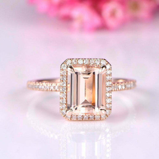 2 CT Emerald Cut Morganite Diamond Halo Engagement Ring 925 Sterling Sliver - atjewels.in