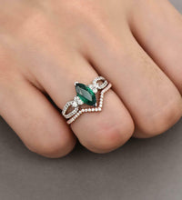 3 CT Marquise Cut Green Emerald Bridal Set Engagement Ring Tow tone On 925 Sterling Silver