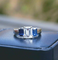 2 CT Emerald Cut Blue Saphhire Diamond 925 Sterling Sliver Women's Wedding Ring