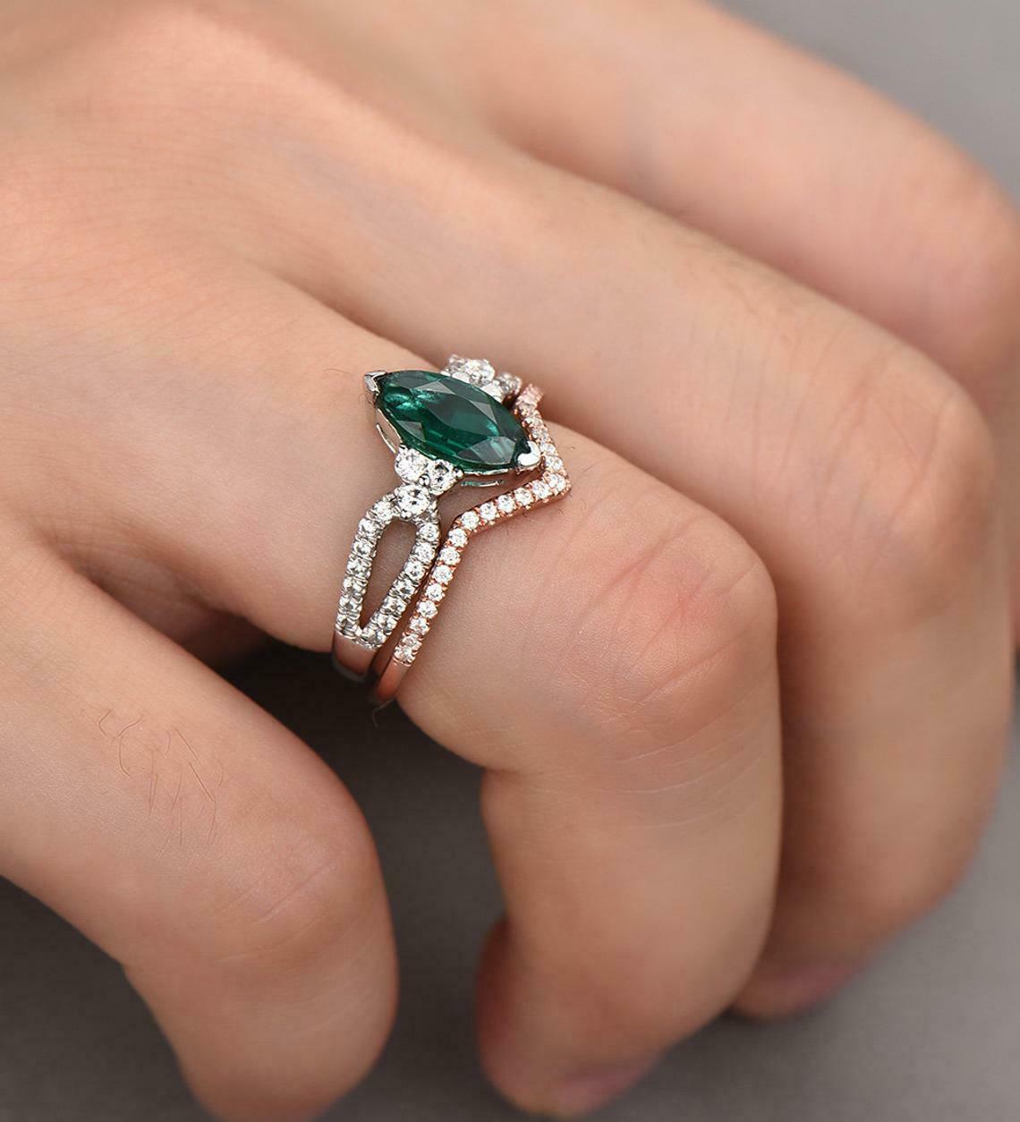 3 CT Marquise Cut Green Emerald Bridal Set Engagement Ring Tow tone On 925 Sterling Silver