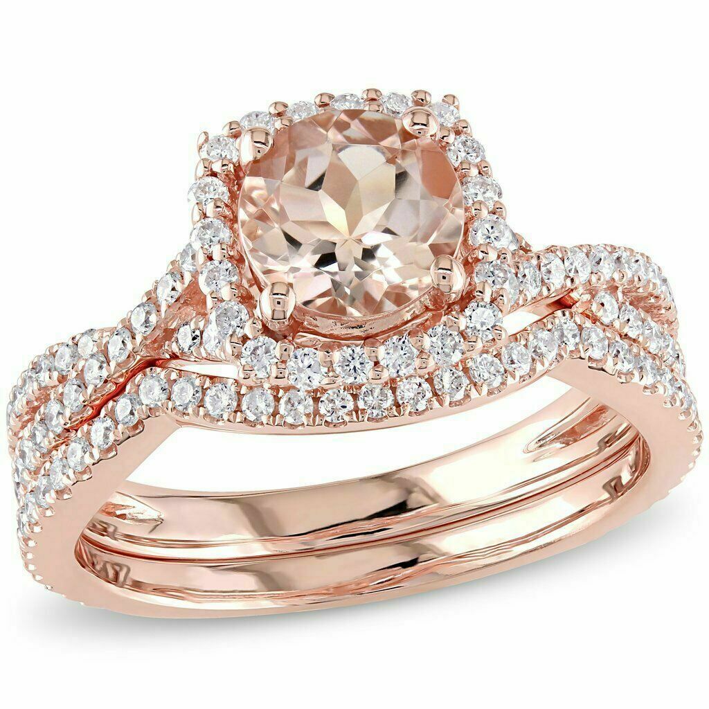 3 CT Round Cut Peach Morganite Diamond Bridal Set Ring 925 Sterling Silver