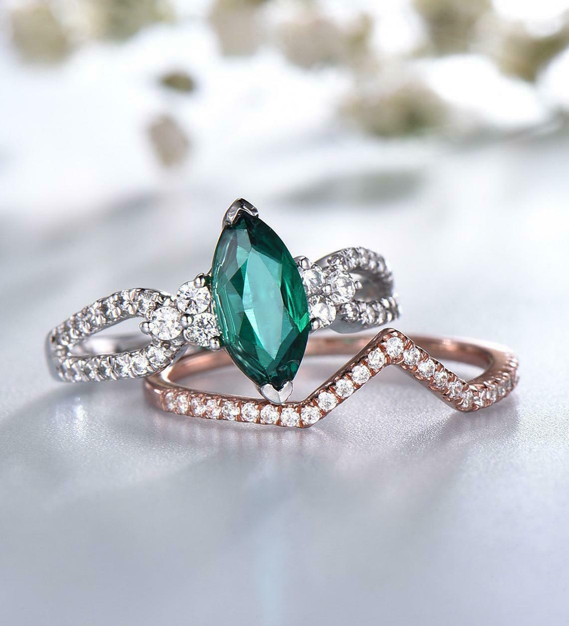 3 CT Marquise Cut Green Emerald Bridal Set Engagement Ring Tow tone On 925 Sterling Silver