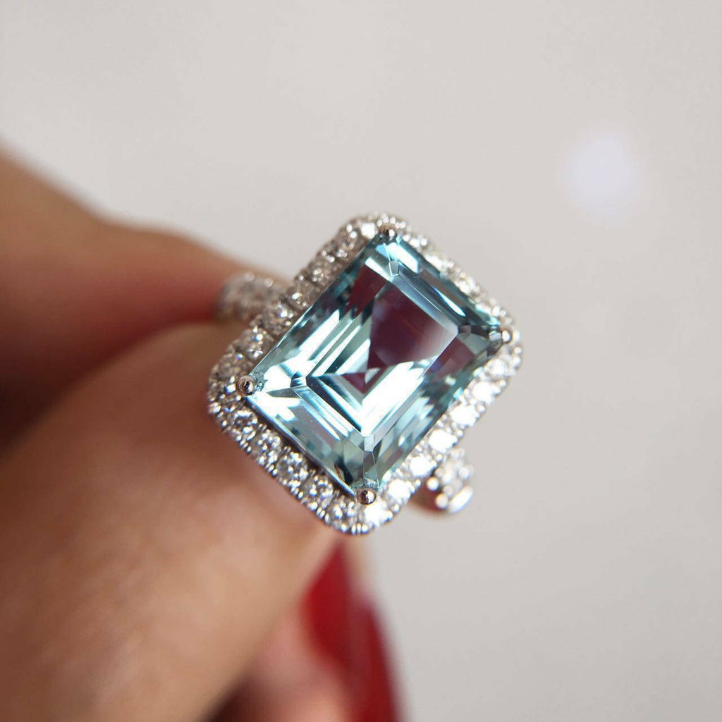 1 CT Emerald Cut Aquamarine Diamond Halo Engagement Ring 925 Sterling Silver