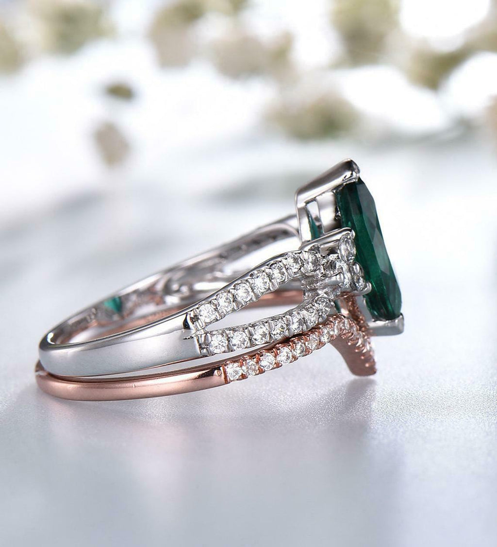 3 CT Marquise Cut Green Emerald Bridal Set Engagement Ring Tow tone On 925 Sterling Silver