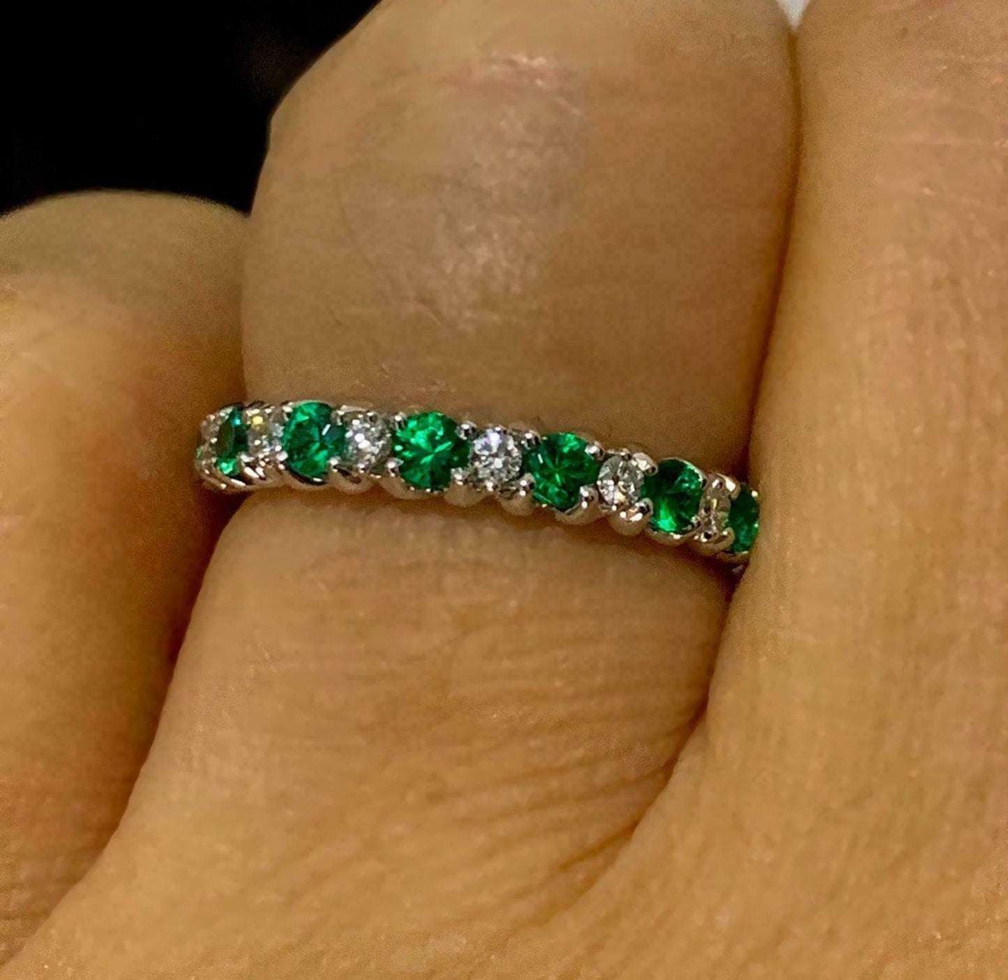 1 CT Round Cut Green Emerald Diamond Wedding Half Eternity Band Ring 925 Sterling Silver