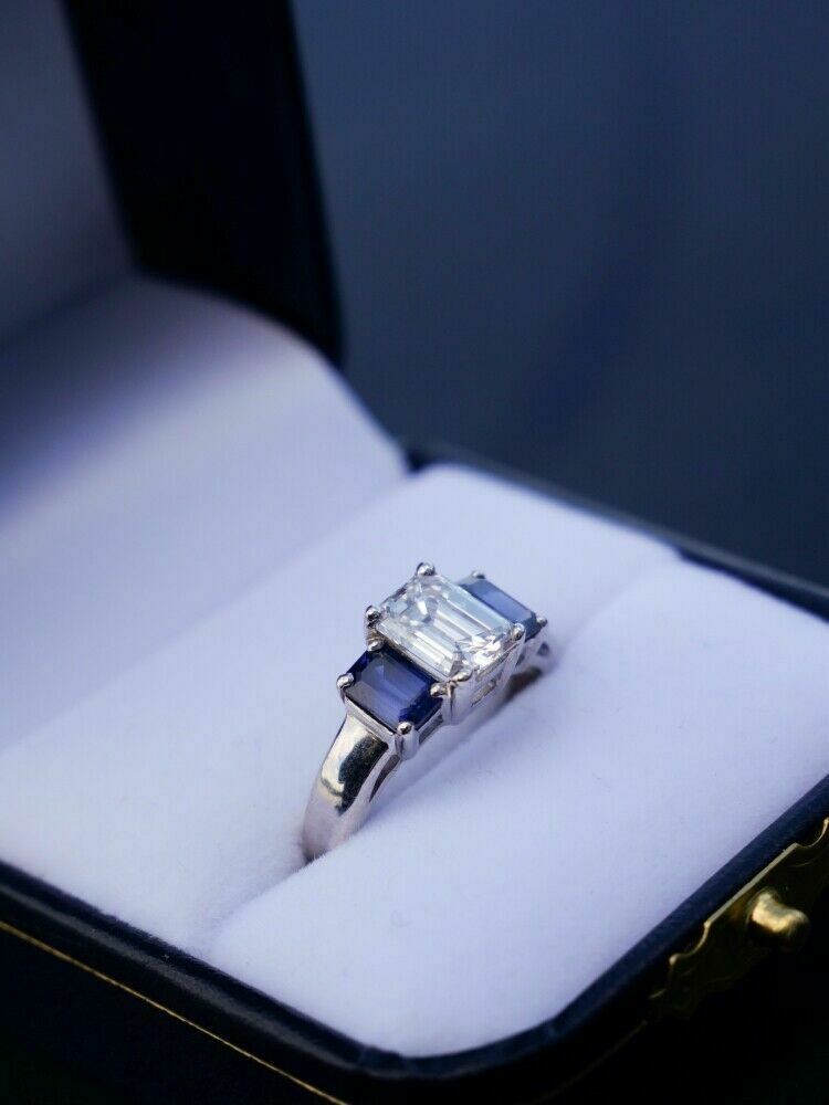 2 CT Emerald Cut Blue Saphhire Diamond 925 Sterling Sliver Women's Wedding Ring