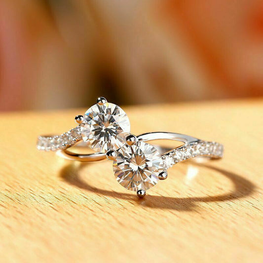 2 CT Round Cut Two Stone Half Eternity Wedding Ring 925 Sterling Silver