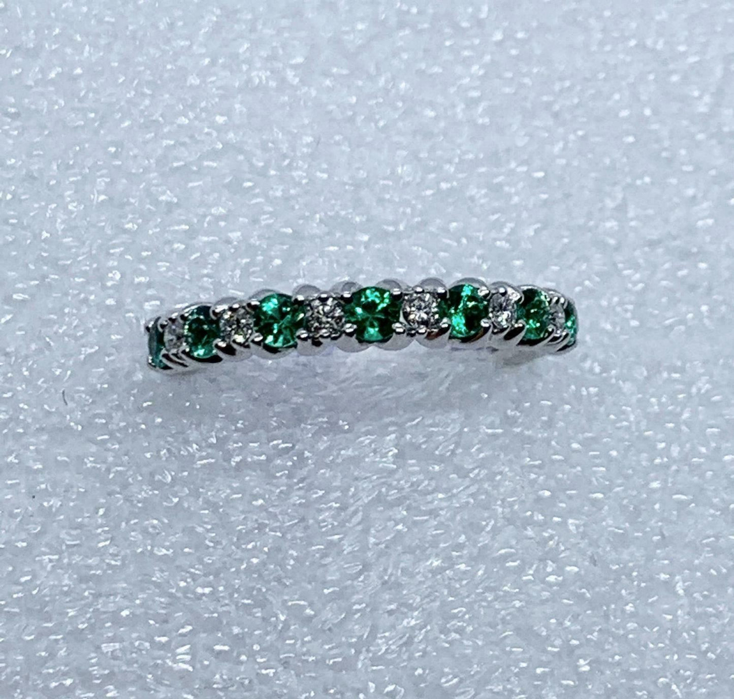 1 CT Round Cut Green Emerald Diamond Wedding Half Eternity Band Ring 925 Sterling Silver