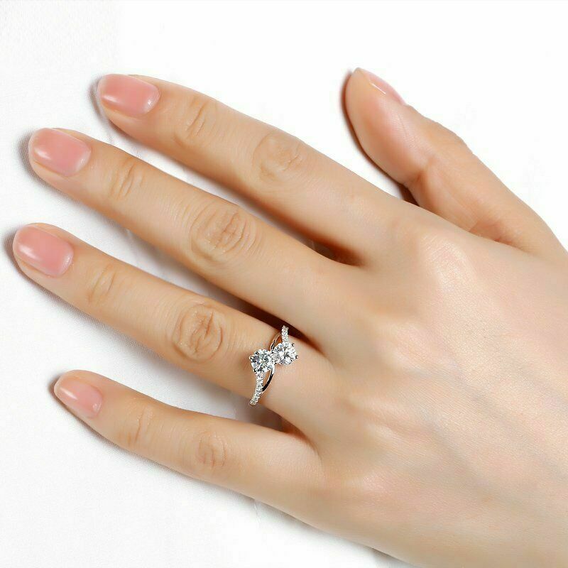 2 CT Round Cut Two Stone Half Eternity Wedding Ring 925 Sterling Silver