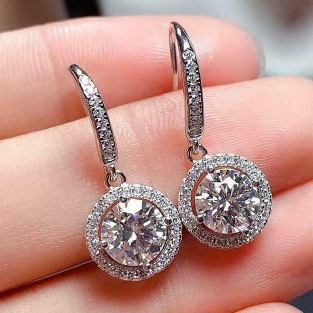3 CT Round Cut Diamond Drop/Dangle Halo Earrings 925 Sterling Sliver
