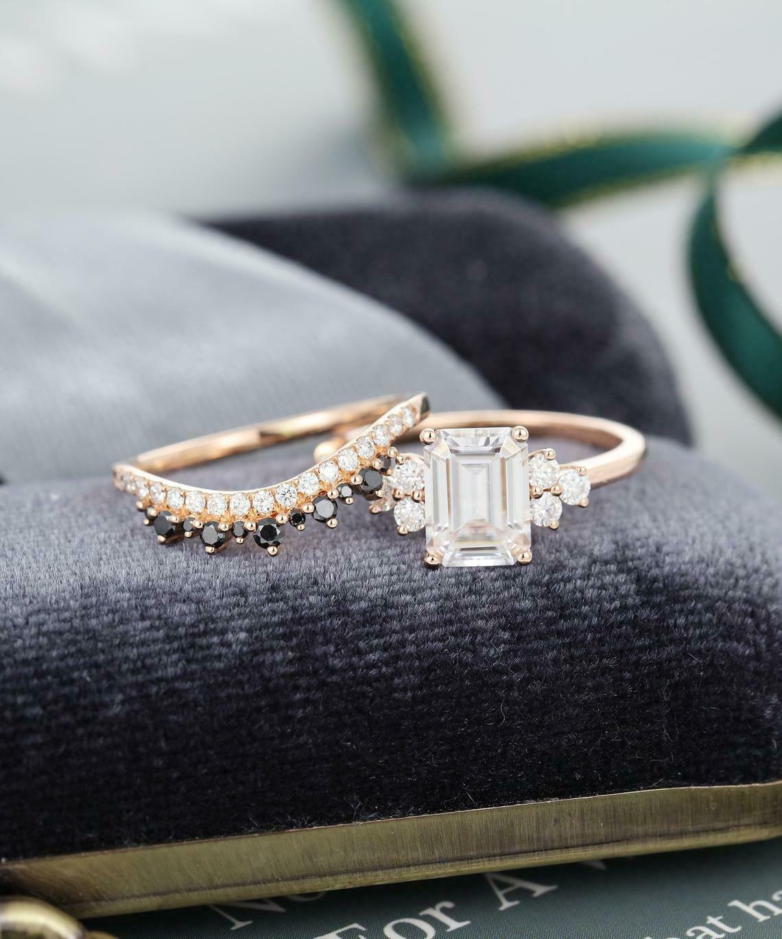 2 CT Emerald Cut Diamond Crown Bridal Set Engagement Ring 925 Sterling Silver