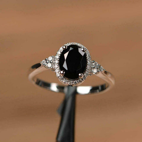 Halo Solitaire Engagement Ring 2 CT Oval Cut Black Diamond 925 Sterling Silver