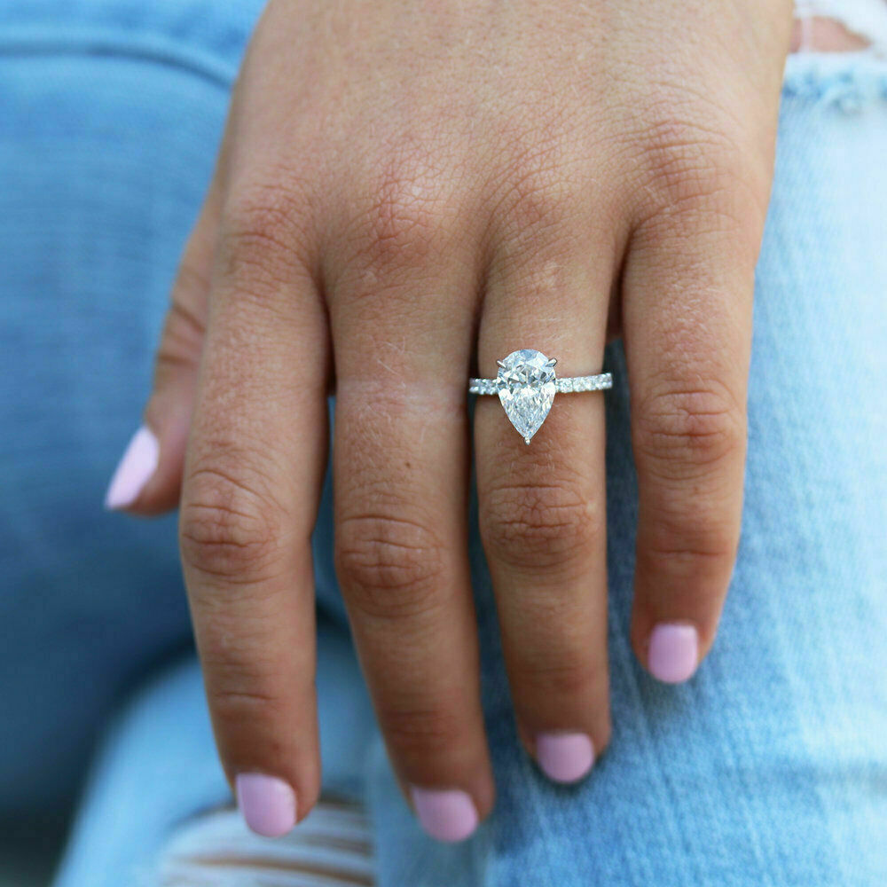 2 CT Pear Cut Diamond Wedding Women's Ring 14K White Gold Over On 925 Sterling Silver